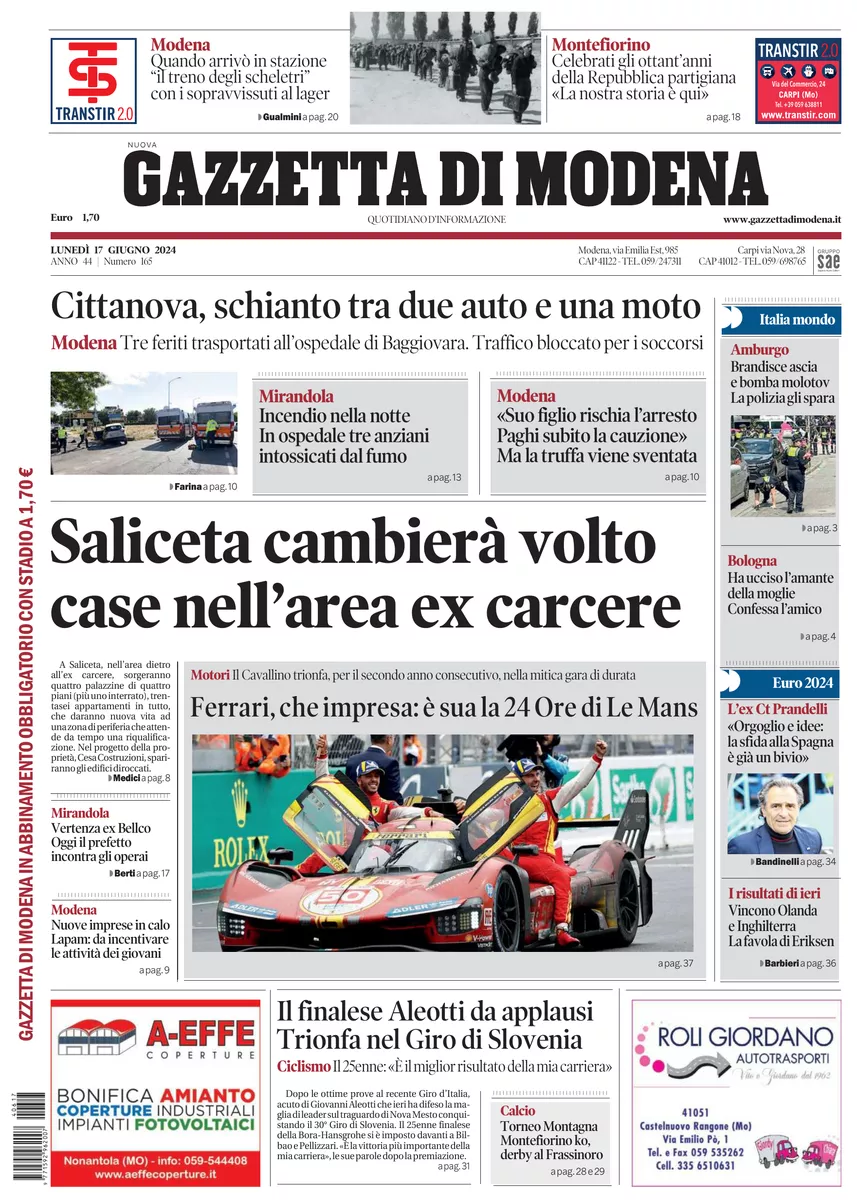 Prima-pagina-gazzetta di modena-oggi-edizione-del-2024-06-17